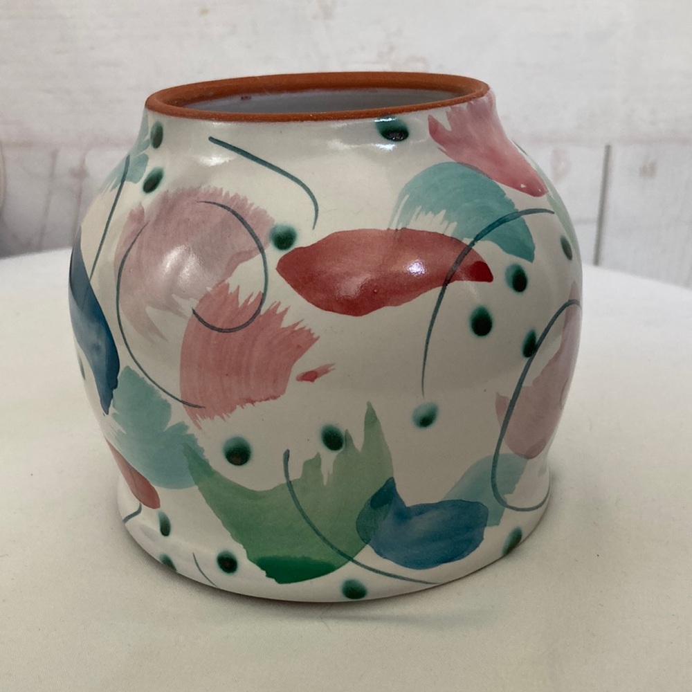 Jan Pugh Small Red-ware Pottery Vase Pot Planter Abstract Print